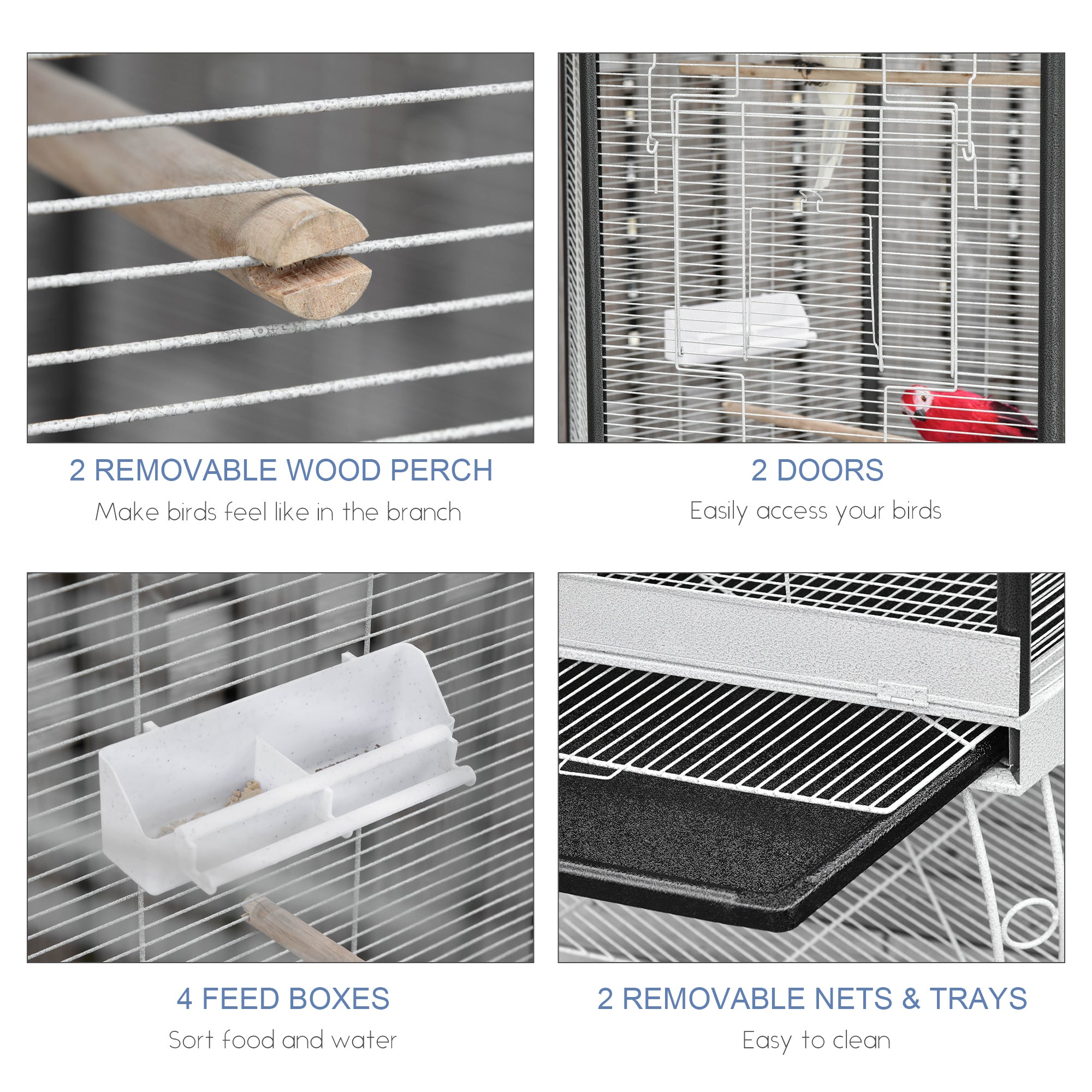 Bird cage features with removable wood perch, doors, feed boxes, and nets.