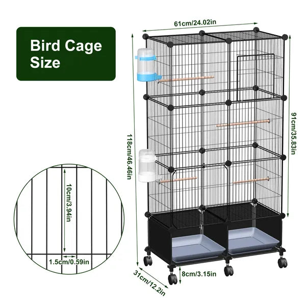 Bird cage with dimensions labeled on a white background