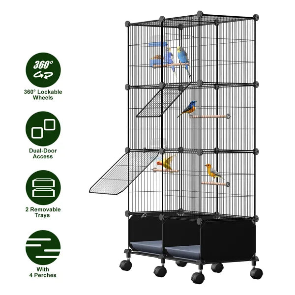 Bird cage with multiple levels, wheels, and perches on a white background