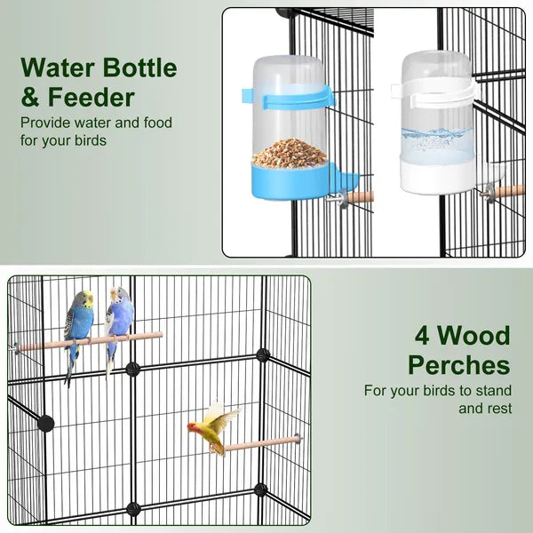 Bird cage with water bottle, feeder, and wood perches on a light green background.