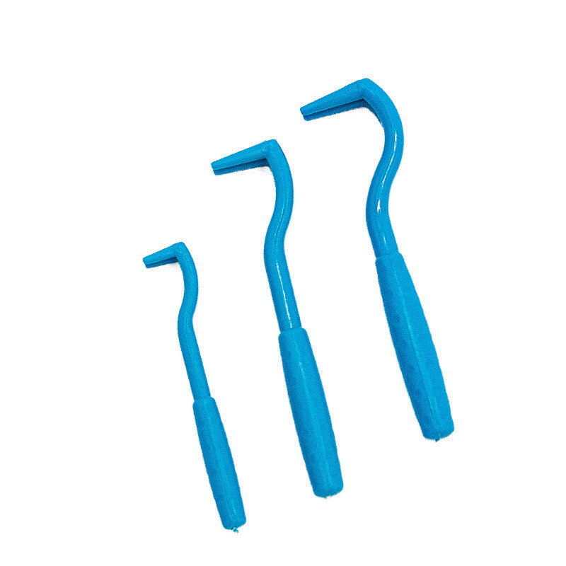 Blue pet flea removal tools with curved hooks and textured handles, used for removing ticks and lice from pets' fur
