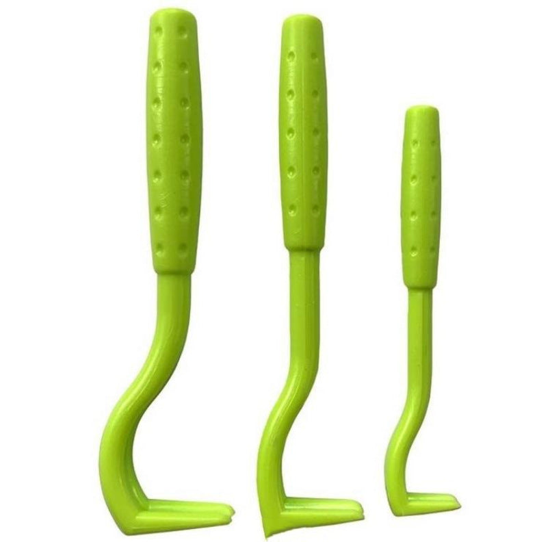 Bright green pet grooming tools with textured handles and curved hooks, designed for removing fleas and lice from animals