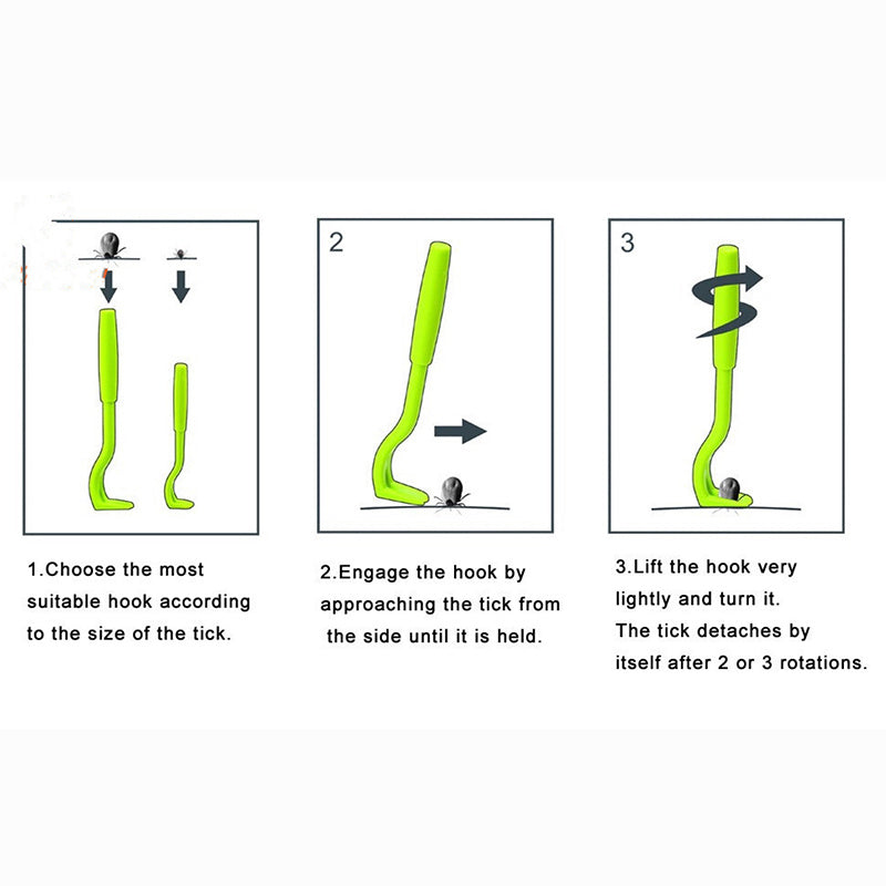 Instruction diagram showing how to engage and lift ticks using the green pet flea removal hooks for safe pet grooming