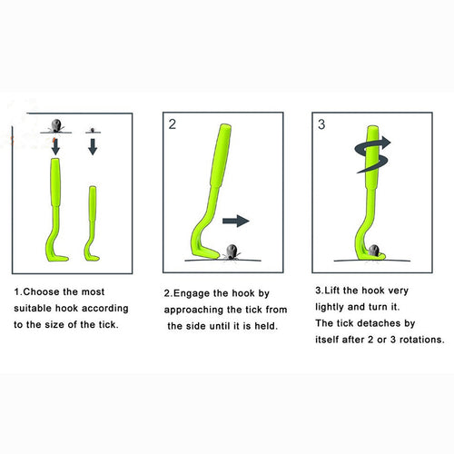 Instruction diagram showing how to engage and lift ticks using the green pet flea removal hooks for safe pet grooming