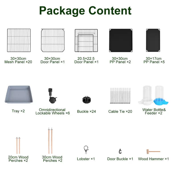 Package content list with various pet cage components on a white background