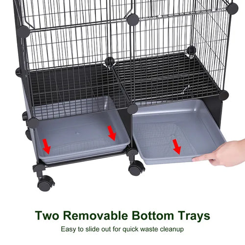 Pet cage with two removable bottom trays and a hand holding one tray.