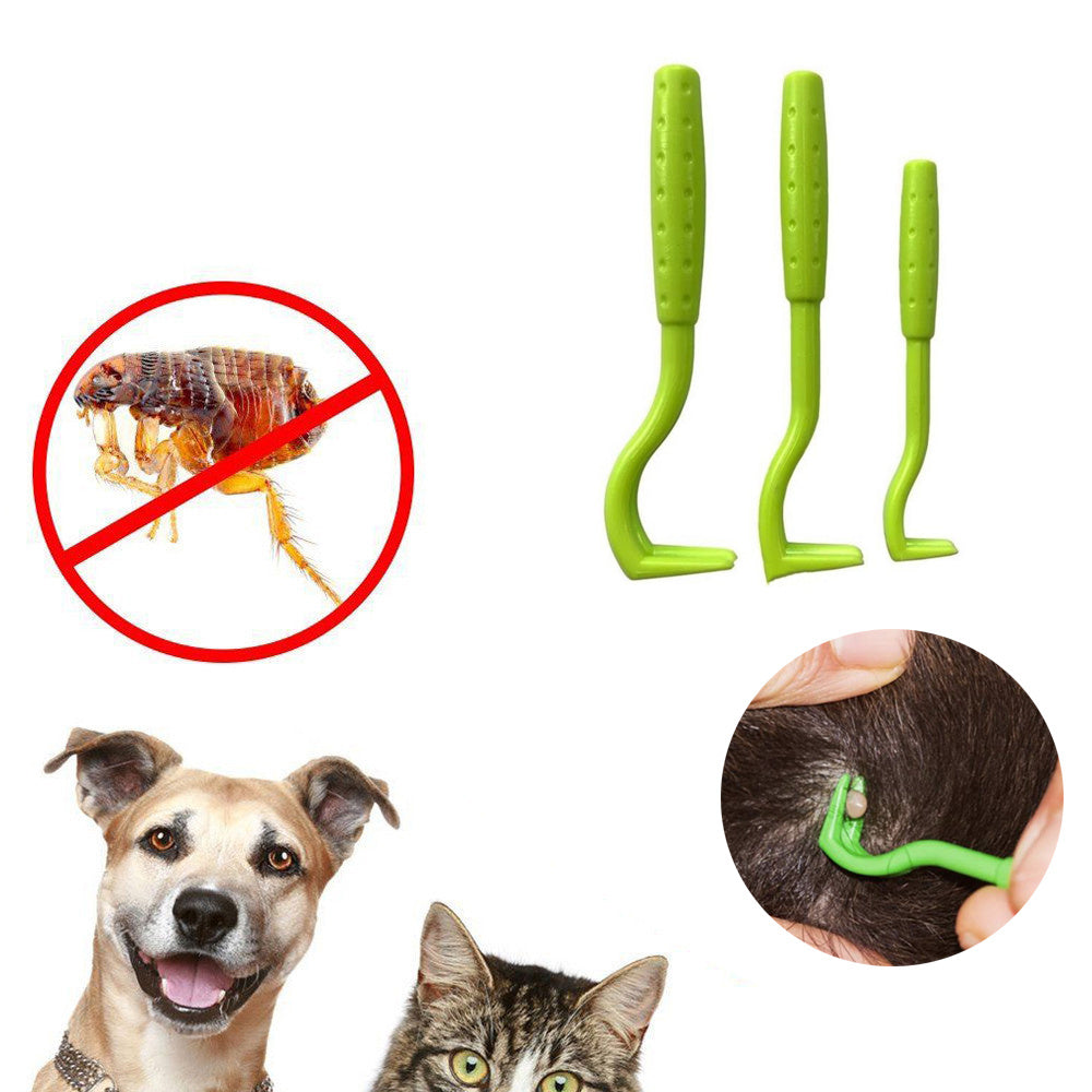 Set of three bright green pet flea removal hooks with textured handles for effective pet grooming and tick extraction