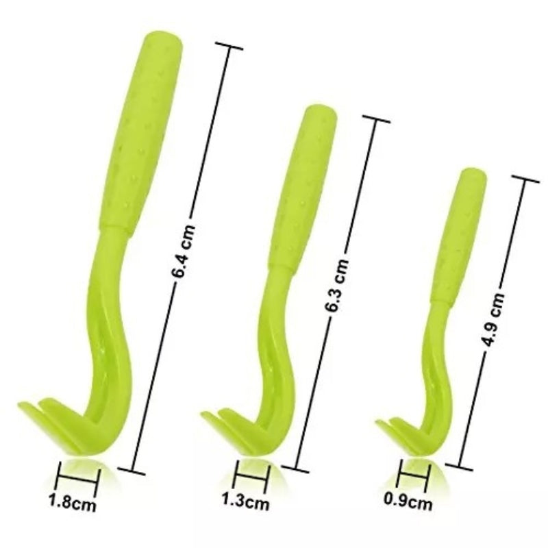 Set of three green pet flea removal hooks with dimensions, textured handles, and curved tips for pet grooming and tick removal